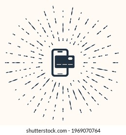 Grey Mobile banking icon isolated on beige background. Transfer money through mobile banking on the mobile phone screen. Abstract circle random dots. Vector