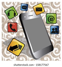 a grey mobile phone with a lot of colored functions around it