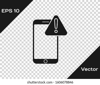 Grey Mobile phone with exclamation mark icon isolated on transparent background. Alert message smartphone notification.  Vector Illustration