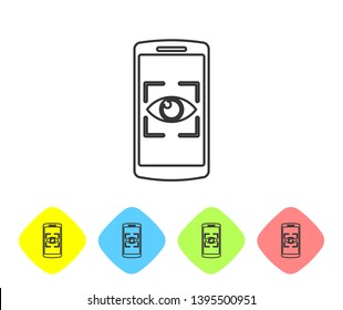Grey Mobile phone and eye scan line icon isolated on white background. Scanning eye. Security check symbol. Cyber eye sign. Set icon in color rhombus buttons. Vector Illustration