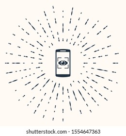 Grey Mobile phone and eye scan icon isolated on beige background. Scanning eye. Security check symbol. Cyber eye sign. Abstract circle random dots. Vector Illustration