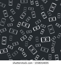 Grey Mobile phone and eye scan icon isolated seamless pattern on black background. Scanning eye. Security check symbol. Cyber eye sign.  Vector Illustration