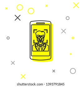 Grey Mobile phone and face recognition line icon isolated on white background. Face identification scanner icon. Facial id. Cyber security concept. Vector Illustration