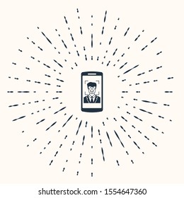 Grey Mobile phone and face recognition icon isolated on beige background. Face identification scanner icon. Facial id. Cyber security. Abstract circle random dots. Vector Illustration