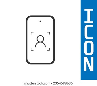 Grey Mobile phone and face recognition icon isolated on white background. Face identification scanner icon. Facial id. Cyber security.  Vector