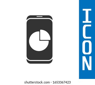 Teléfono móvil gris con icono de gráfico gráfico aislado en fondo blanco. Informe archivo de texto. Signo contable. Auditoría, análisis, planificación.  Ilustración vectorial