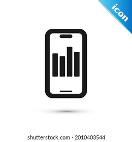 Teléfono móvil gris con icono de gráfico gráfico gráfico aislado en fondo blanco. Informe del archivo de texto. Signo de contabilidad. Auditoría, análisis, planificación.  Vector