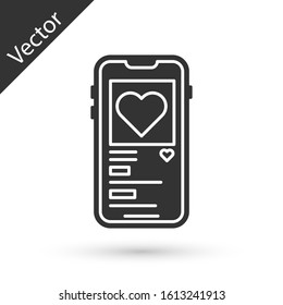 Grey Mobile phone with heart icon isolated on white background. Valentines day.  Vector Illustration