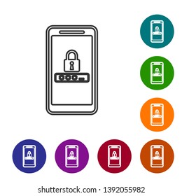 Grey Mobile phone and password protection line icon isolated on white background. Security, safety, personal access, user authorization, privacy. Set icon in color circle buttons. Vector Illustration