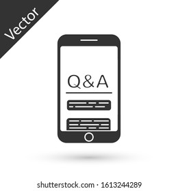 Grey Mobile phone with Question and Exclamation icon isolated on white background. Frequently asked questions.  Vector Illustration
