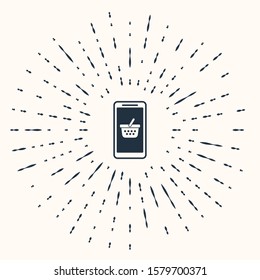 Grey Mobile phone and shopping basket icon isolated on beige background. Online buying symbol. Supermarket basket symbol. Abstract circle random dots. Vector Illustration