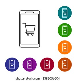 Grey Mobile phone and shopping cart line icon isolated on white background. Online buying symbol. Supermarket basket symbol. Set icon in color circle buttons. Vector Illustration