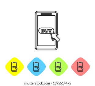 Grey Mobile phone and shopping cart line icon isolated on white background. Online buying symbol. Supermarket basket symbol. Set icon in color rhombus buttons. Vector Illustration