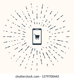 Grey Mobile phone and shopping cart icon isolated on beige background. Online buying symbol. Supermarket basket symbol. Abstract circle random dots. Vector Illustration