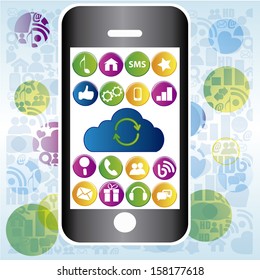 a grey mobile phone with some colored functions within it