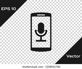 Grey Mobile recording icon isolated on transparent background. Mobile phone with microphone. Voice recorder app smartphone interface. Vector Illustration