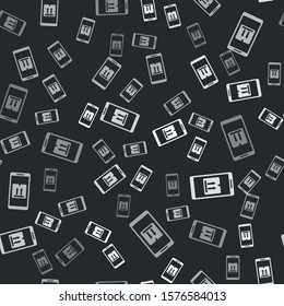 Grey Mobile smart phone with app delivery tracking icon isolated seamless pattern on black background. Parcel tracking.  Vector Illustration