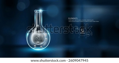 Grey model Silicon (Si) molecules in glass beaker sphere test tube on dark background with atomic mass atomic number. Minerals sample science experiment. Scientific research. Vector.