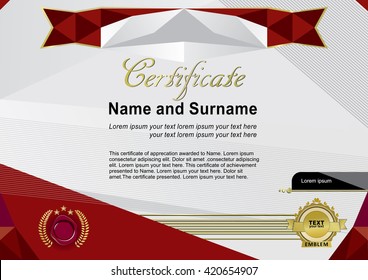 Grey modern certificate with red design elements and gold elements. Triangle background