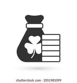 Grey Money bag with clover trefoil leaf icon isolated on white background. Happy Saint Patricks day. National Irish holiday.  Vector