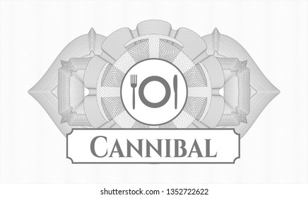 Grey money style emblem or rosette with restaurant icon and Cannibal text inside