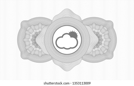 Grey money style emblem or rosette with sun behind cloud icon inside