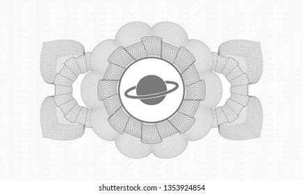 Grey money style emblem or rosette with planet, saturn icon inside