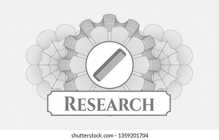 Grey money style emblem or rosette with hair comb icon and Research text inside