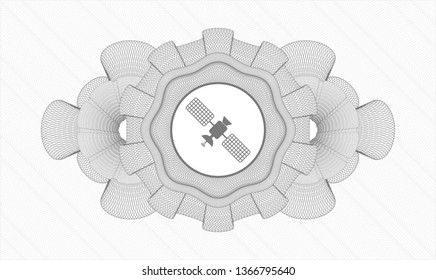 Grey money style emblem or rosette with satelite icon inside