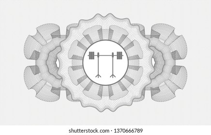 Grey money style emblem or rosette with barbell on rack icon inside