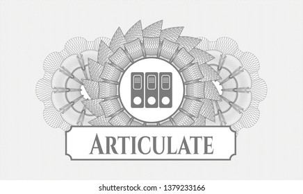 Grey money style emblem or rosette with three folders icon and Articulate text inside