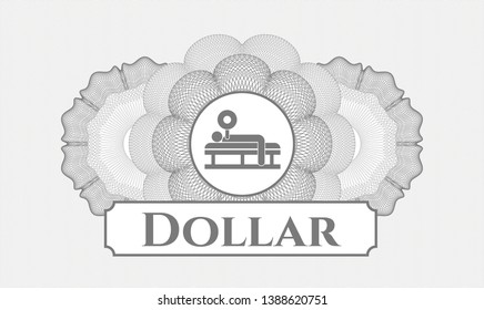 Grey money style emblem or rosette with bench press icon and Dollar text inside