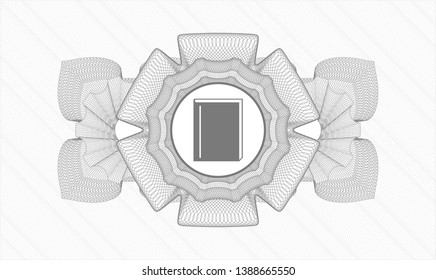 Grey money style emblem or rosette with book icon inside