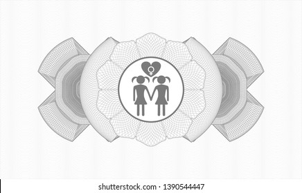 Grey money style emblem or rosette with lesbian love icon inside