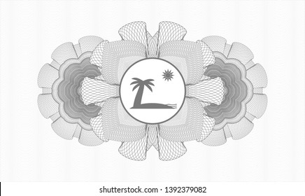 Grey money style emblem or rosette with beach icon inside