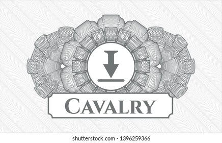 Grey money style emblem or rosette with download icon and Cavalry text inside