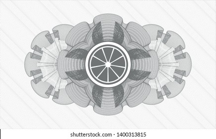 Grey money style emblem or rosette with orange icon inside
