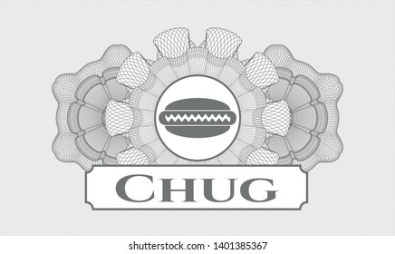 Grey money style emblem or rosette with hot dog icon and Chug text inside