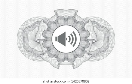 Grey money style emblem or rosette with sound icon inside