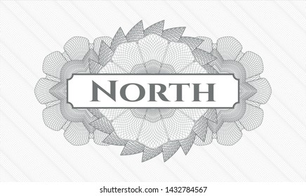 Grey money style emblem or rosette with text North inside