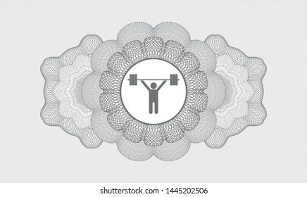 Grey money style emblem or rosette with weightlifting icon inside