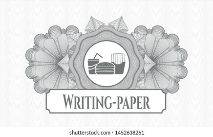 Grey money style emblem or rosette with fast food icon and Writing-paper text inside
