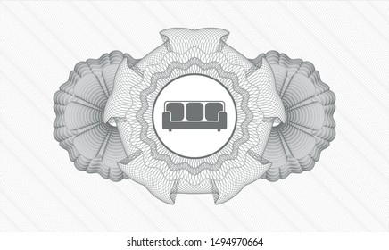 Grey money style emblem or rosette with couch icon inside
