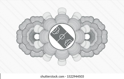 Grey money style emblem or rosette with football field icon inside