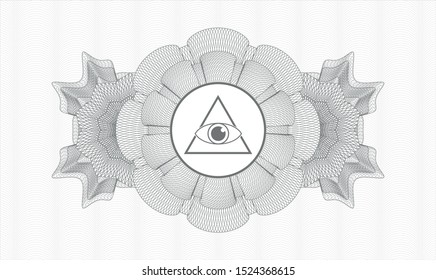 Grey money style emblem or rosette with illuminati pyramid icon inside