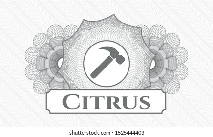 Grey money style emblem or rosette with hammer icon and Citrus text inside