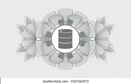 Grey money style emblem or rosette with barrel icon inside