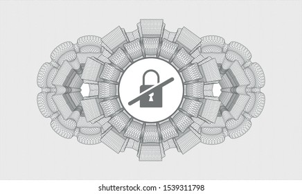 Grey money style emblem or rosette with inaccessible icon inside