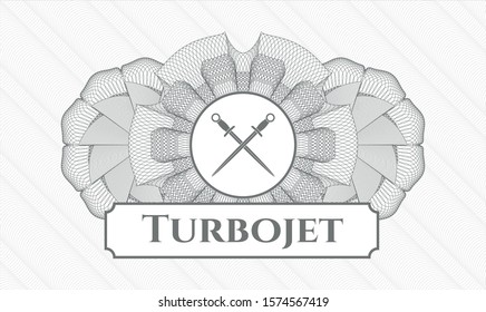 Grey money style emblem or rosette with crossed swords icon and Turbojet text inside