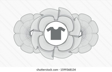 Grey money style emblem or rosette with shirt icon inside